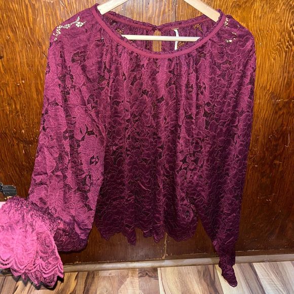 Free People Womens Olivia Blouse Wine Red Floral Long Sleeve Keyhole Lace Large - Picture 6 of 9